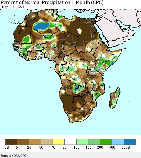 Africa Percent of Normal Precipitation 1-Month (CPC) Thematic Map For 5/1/2024 - 5/31/2024