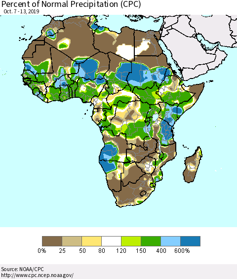 Africa Percent of Normal Precipitation (CPC) Thematic Map For 10/7/2019 - 10/13/2019
