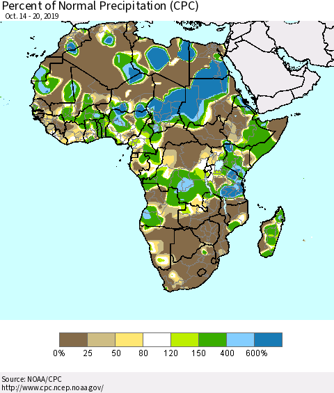 Africa Percent of Normal Precipitation (CPC) Thematic Map For 10/14/2019 - 10/20/2019