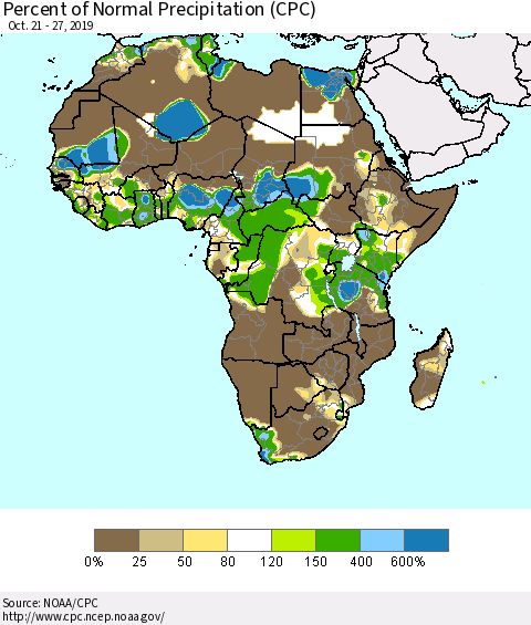 Africa Percent of Normal Precipitation (CPC) Thematic Map For 10/21/2019 - 10/27/2019