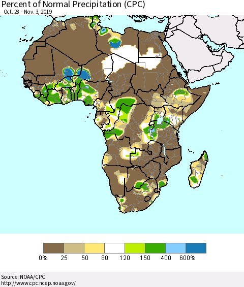 Africa Percent of Normal Precipitation (CPC) Thematic Map For 10/28/2019 - 11/3/2019