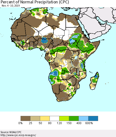 Africa Percent of Normal Precipitation (CPC) Thematic Map For 11/4/2019 - 11/10/2019