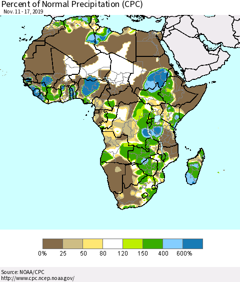 Africa Percent of Normal Precipitation (CPC) Thematic Map For 11/11/2019 - 11/17/2019