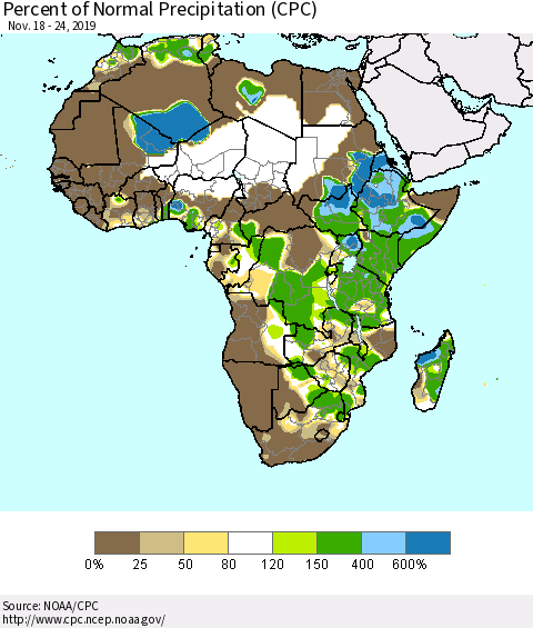 Africa Percent of Normal Precipitation (CPC) Thematic Map For 11/18/2019 - 11/24/2019