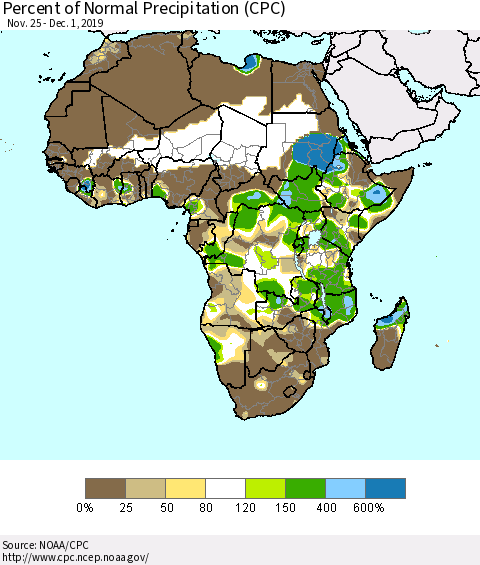 Africa Percent of Normal Precipitation (CPC) Thematic Map For 11/25/2019 - 12/1/2019