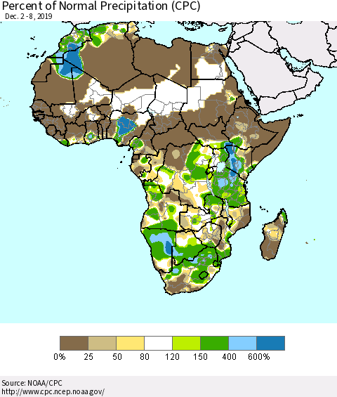 Africa Percent of Normal Precipitation (CPC) Thematic Map For 12/2/2019 - 12/8/2019