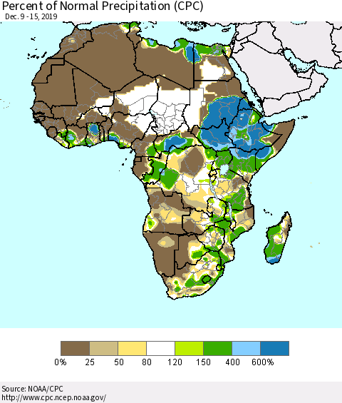 Africa Percent of Normal Precipitation (CPC) Thematic Map For 12/9/2019 - 12/15/2019