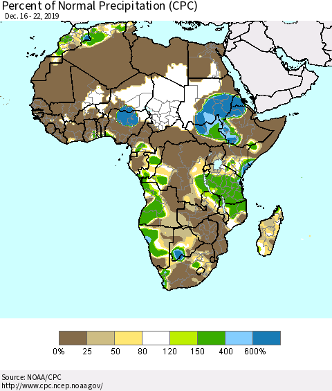 Africa Percent of Normal Precipitation (CPC) Thematic Map For 12/16/2019 - 12/22/2019