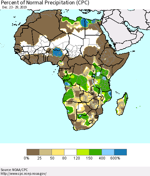 Africa Percent of Normal Precipitation (CPC) Thematic Map For 12/23/2019 - 12/29/2019