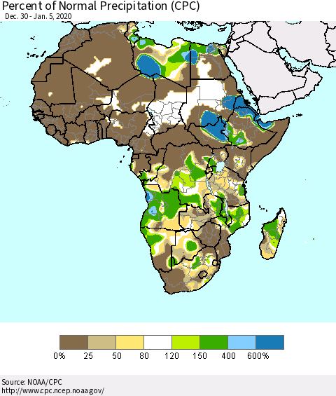 Africa Percent of Normal Precipitation (CPC) Thematic Map For 12/30/2019 - 1/5/2020
