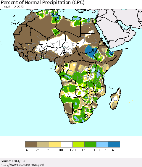 Africa Percent of Normal Precipitation (CPC) Thematic Map For 1/6/2020 - 1/12/2020