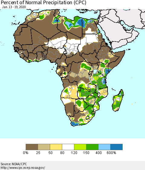 Africa Percent of Normal Precipitation (CPC) Thematic Map For 1/13/2020 - 1/19/2020