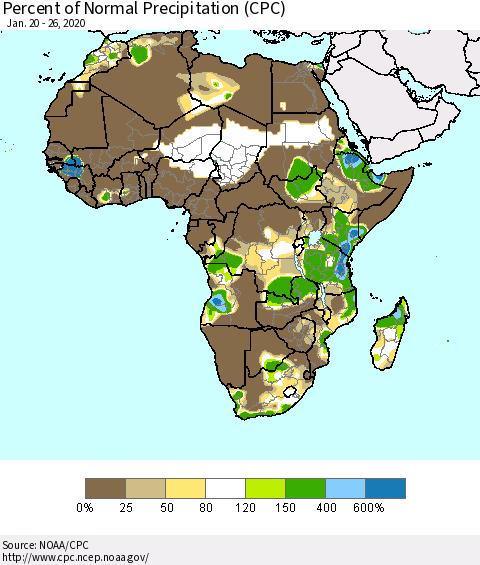 Africa Percent of Normal Precipitation (CPC) Thematic Map For 1/20/2020 - 1/26/2020