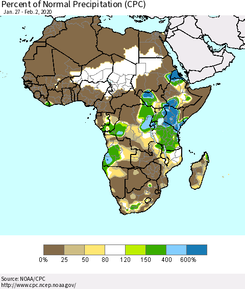 Africa Percent of Normal Precipitation (CPC) Thematic Map For 1/27/2020 - 2/2/2020