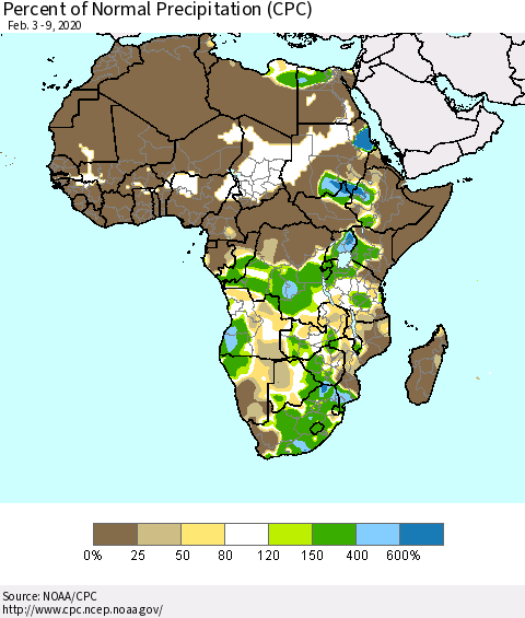 Africa Percent of Normal Precipitation (CPC) Thematic Map For 2/3/2020 - 2/9/2020