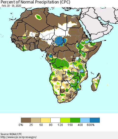 Africa Percent of Normal Precipitation (CPC) Thematic Map For 2/10/2020 - 2/16/2020