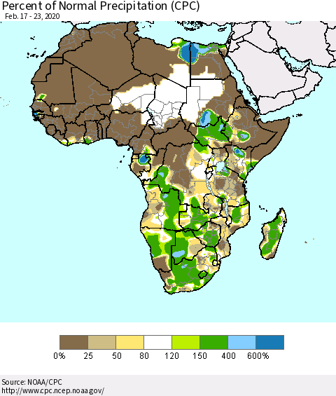 Africa Percent of Normal Precipitation (CPC) Thematic Map For 2/17/2020 - 2/23/2020