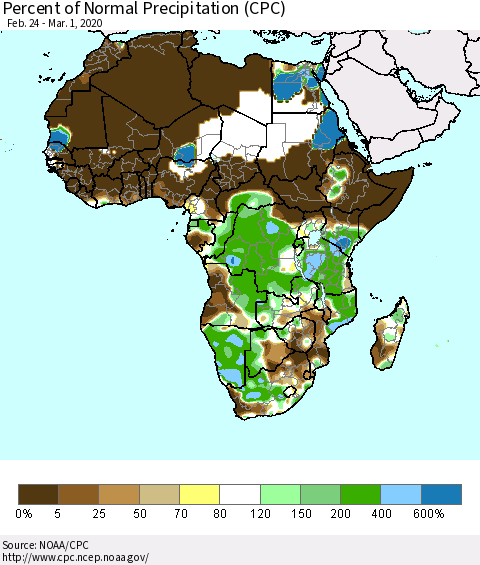 Africa Percent of Normal Precipitation (CPC) Thematic Map For 2/24/2020 - 3/1/2020