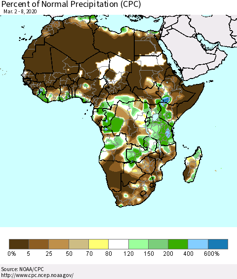 Africa Percent of Normal Precipitation (CPC) Thematic Map For 3/2/2020 - 3/8/2020