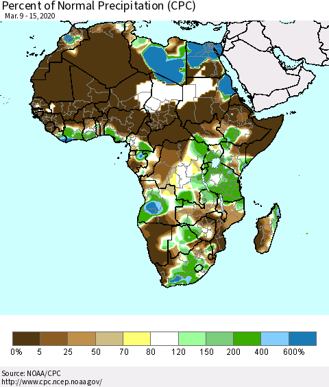 Africa Percent of Normal Precipitation (CPC) Thematic Map For 3/9/2020 - 3/15/2020