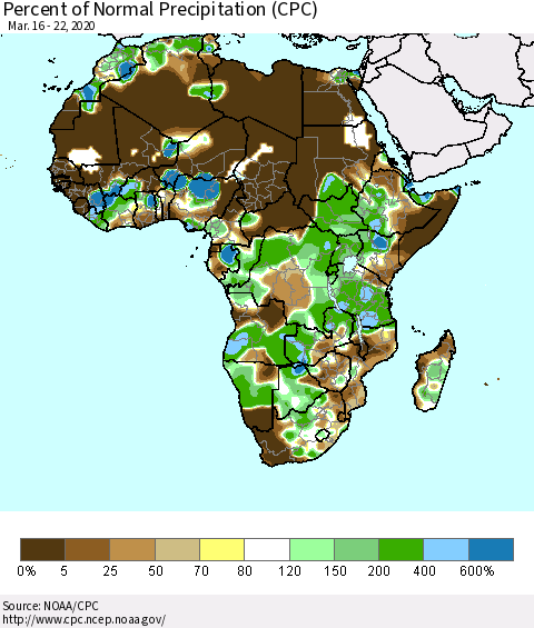 Africa Percent of Normal Precipitation (CPC) Thematic Map For 3/16/2020 - 3/22/2020