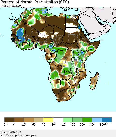 Africa Percent of Normal Precipitation (CPC) Thematic Map For 3/23/2020 - 3/29/2020