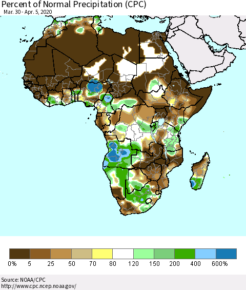 Africa Percent of Normal Precipitation (CPC) Thematic Map For 3/30/2020 - 4/5/2020