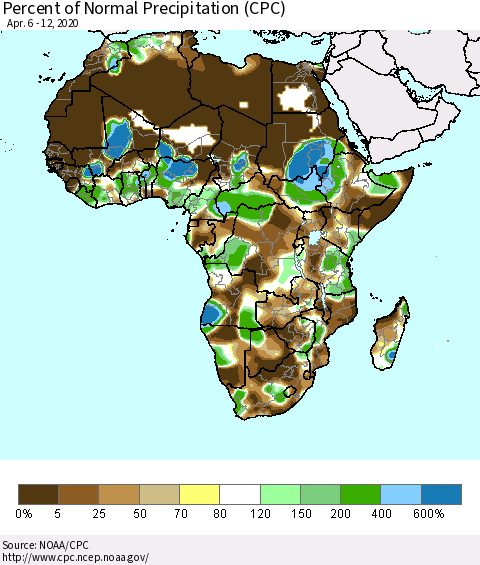 Africa Percent of Normal Precipitation (CPC) Thematic Map For 4/6/2020 - 4/12/2020