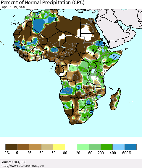 Africa Percent of Normal Precipitation (CPC) Thematic Map For 4/13/2020 - 4/19/2020