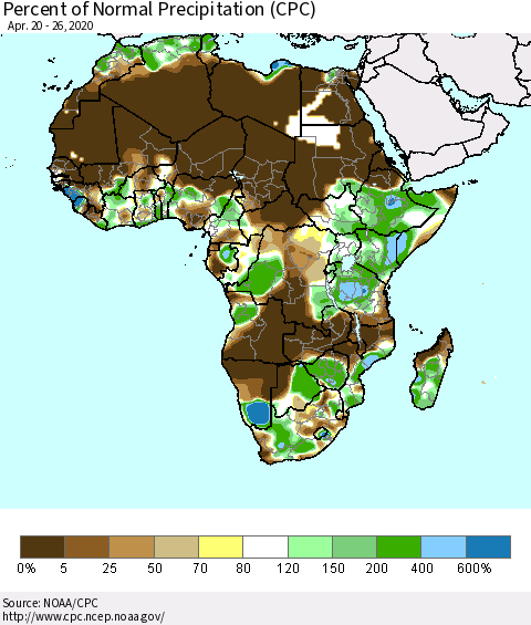 Africa Percent of Normal Precipitation (CPC) Thematic Map For 4/20/2020 - 4/26/2020