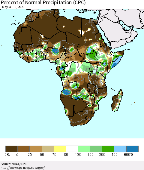Africa Percent of Normal Precipitation (CPC) Thematic Map For 5/4/2020 - 5/10/2020