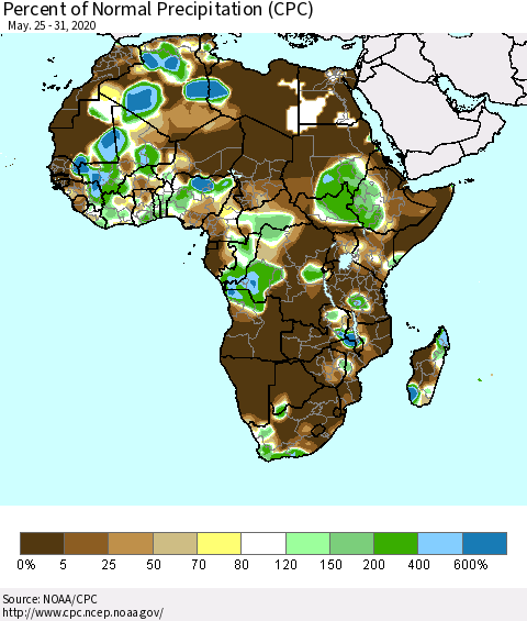Africa Percent of Normal Precipitation (CPC) Thematic Map For 5/25/2020 - 5/31/2020