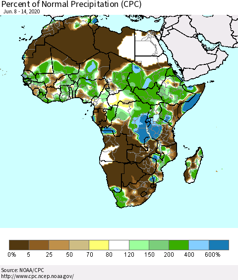 Africa Percent of Normal Precipitation (CPC) Thematic Map For 6/8/2020 - 6/14/2020