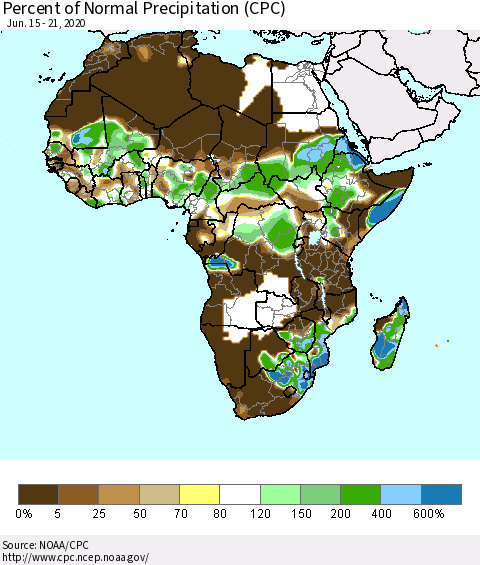 Africa Percent of Normal Precipitation (CPC) Thematic Map For 6/15/2020 - 6/21/2020
