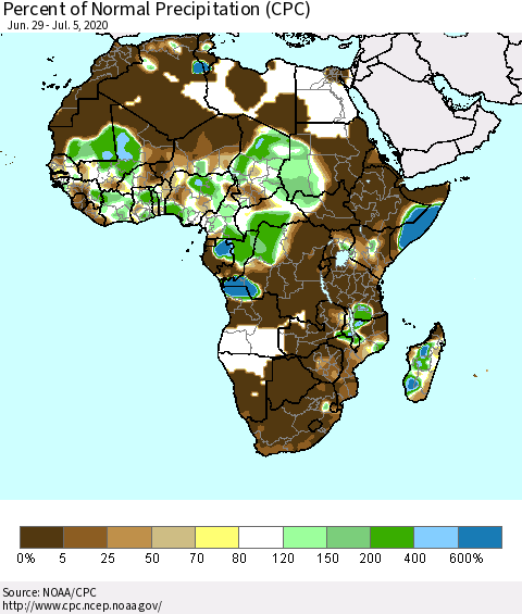 Africa Percent of Normal Precipitation (CPC) Thematic Map For 6/29/2020 - 7/5/2020