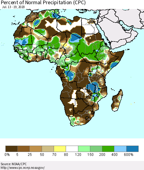 Africa Percent of Normal Precipitation (CPC) Thematic Map For 7/13/2020 - 7/19/2020
