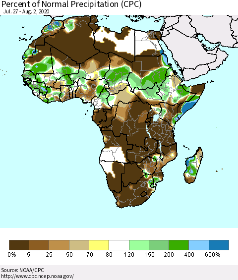 Africa Percent of Normal Precipitation (CPC) Thematic Map For 7/27/2020 - 8/2/2020