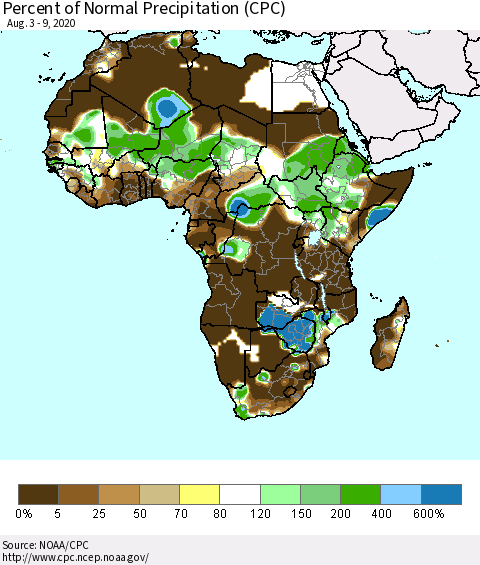 Africa Percent of Normal Precipitation (CPC) Thematic Map For 8/3/2020 - 8/9/2020