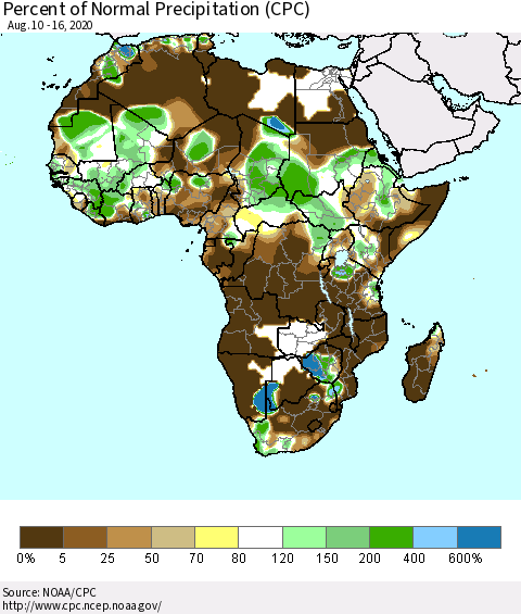 Africa Percent of Normal Precipitation (CPC) Thematic Map For 8/10/2020 - 8/16/2020