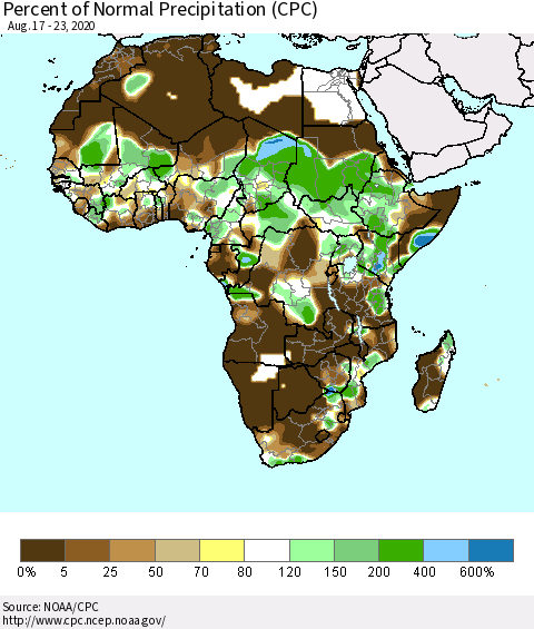 Africa Percent of Normal Precipitation (CPC) Thematic Map For 8/17/2020 - 8/23/2020