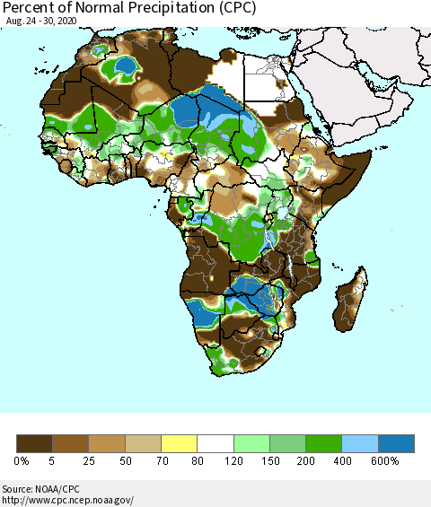 Africa Percent of Normal Precipitation (CPC) Thematic Map For 8/24/2020 - 8/30/2020