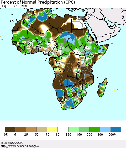 Africa Percent of Normal Precipitation (CPC) Thematic Map For 8/31/2020 - 9/6/2020