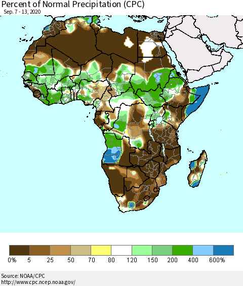 Africa Percent of Normal Precipitation (CPC) Thematic Map For 9/7/2020 - 9/13/2020