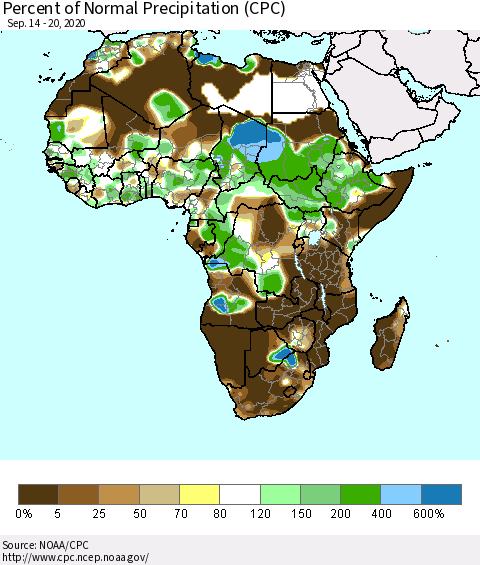 Africa Percent of Normal Precipitation (CPC) Thematic Map For 9/14/2020 - 9/20/2020