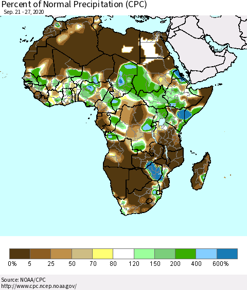Africa Percent of Normal Precipitation (CPC) Thematic Map For 9/21/2020 - 9/27/2020