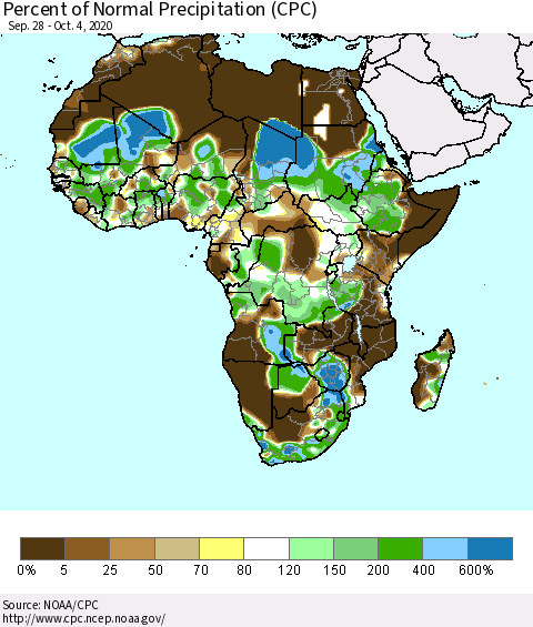 Africa Percent of Normal Precipitation (CPC) Thematic Map For 9/28/2020 - 10/4/2020