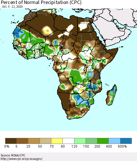 Africa Percent of Normal Precipitation (CPC) Thematic Map For 10/5/2020 - 10/11/2020