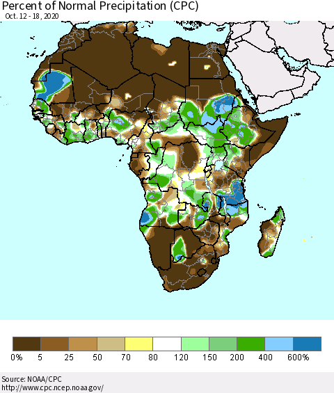 Africa Percent of Normal Precipitation (CPC) Thematic Map For 10/12/2020 - 10/18/2020