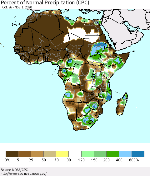 Africa Percent of Normal Precipitation (CPC) Thematic Map For 10/26/2020 - 11/1/2020