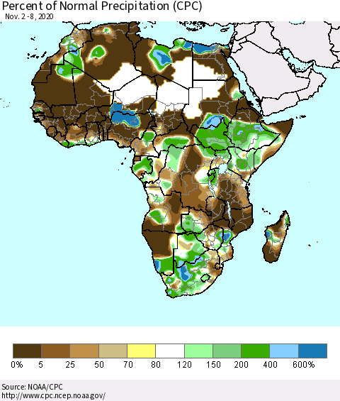 Africa Percent of Normal Precipitation (CPC) Thematic Map For 11/2/2020 - 11/8/2020